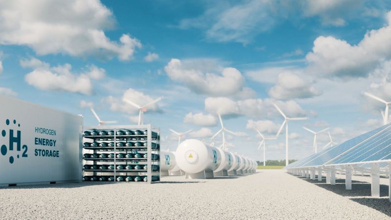 Wasserstoffspeicher begleitet von Solar- und Windkraftanlagen