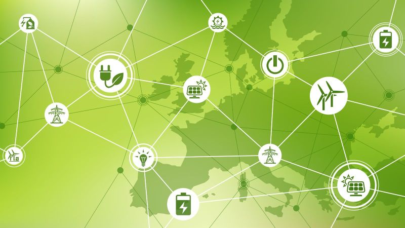 Eurokarte mit symbolhafter Darstellung des Energiesystems der Zukunft