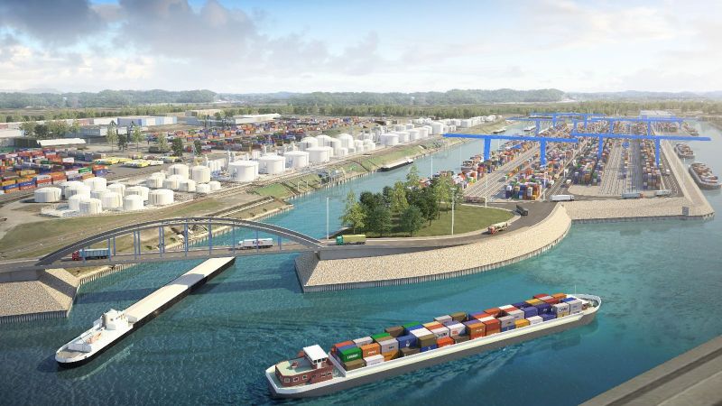 Visualisierung des geplanten Duisburg Gateway Terminal, das auf einer ehemaligen Kohleninsel als Modellprojekt für die Zukunft der Logistik entsteht.